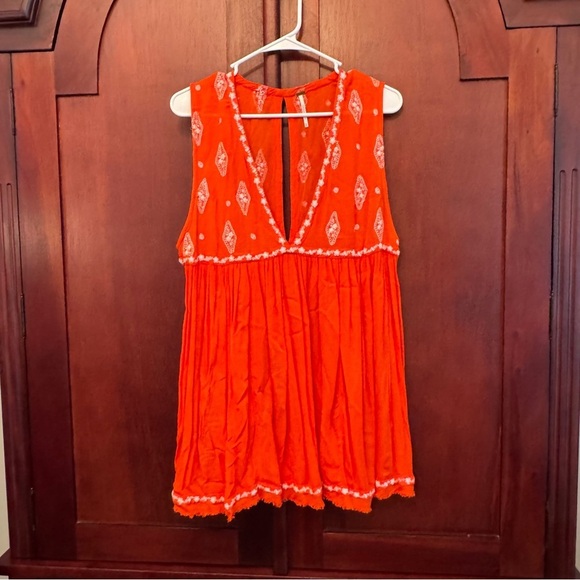 Free People Orange Boho Diamond Embroidered Sleeveless Tunic Top Size Medium - Picture 2 of 12